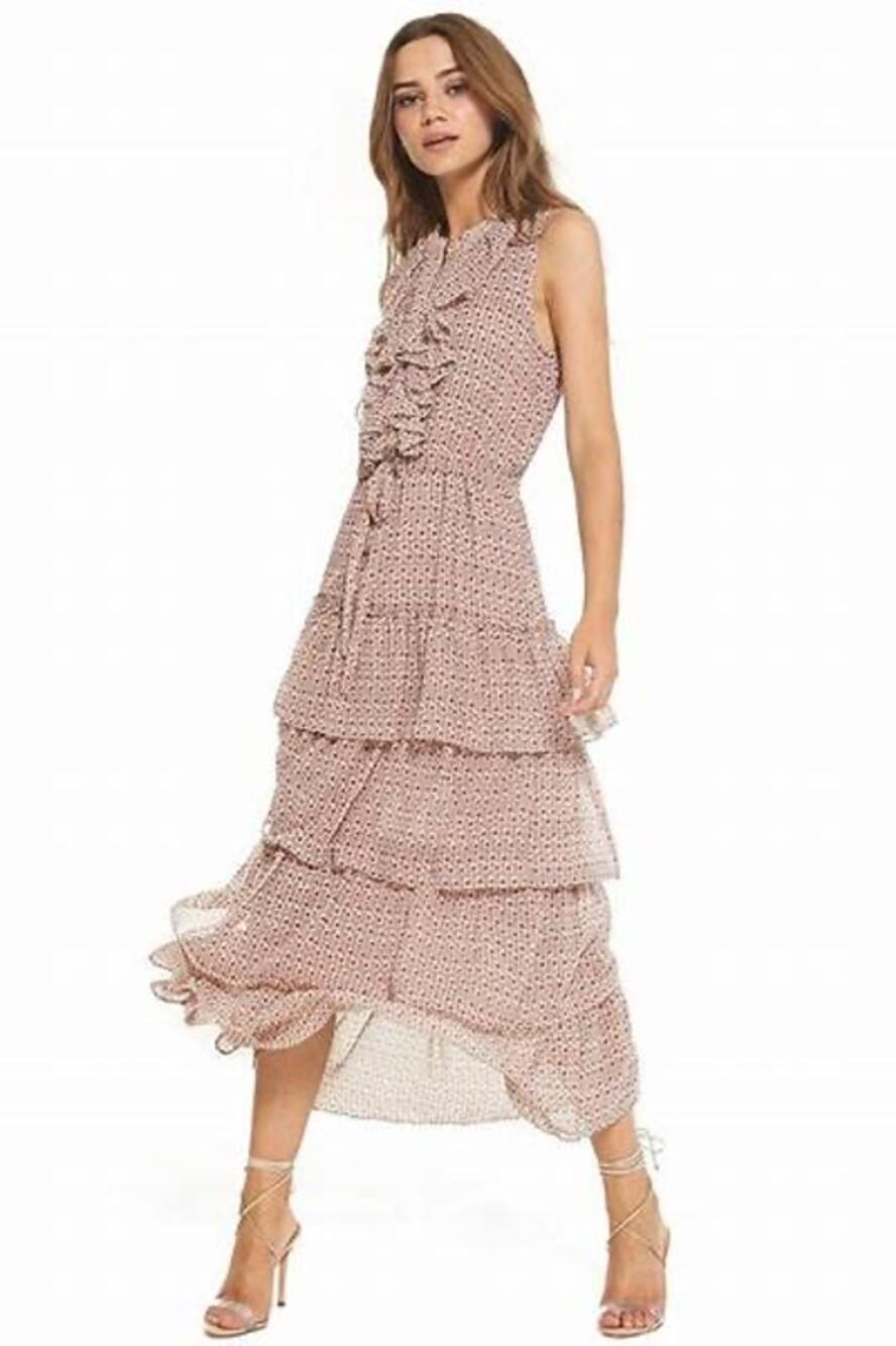 MISA Julez Chiffon Floral Print Ruffled Tiered Sleeveless Maxi Dress Size M